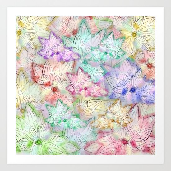 Whimsical Girly Pastel Watercolor Flowers Pattern Art Print
