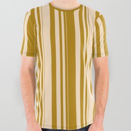 [ Thumbnail: Dark Goldenrod & Bisque Colored Pattern of Stripes All Over Graphic Tee ]