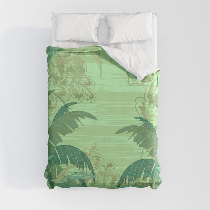 Polynesian Palm Trees And Hibiscus Shades Of Green Jungle Abstract Duvet Cover