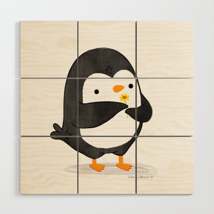 Penguin with a flower Wood Wall Art