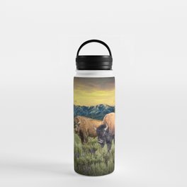 American Buffalo Western Landscape with Mountain Sunset in Yellowstone National Park Water Bottle