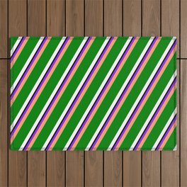 [ Thumbnail: Purple, Light Salmon, Green, White, and Black Colored Striped/Lined Pattern Outdoor Rug ]