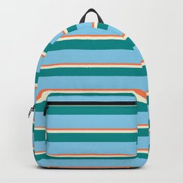 [ Thumbnail: Coral, Beige, Dark Cyan & Sky Blue Colored Stripes Pattern Backpack ]