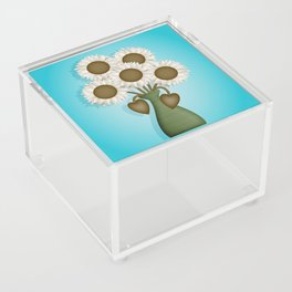 White and Brown Modern Sunflowers in Green Vase // Turquoise Blue Background Acrylic Box