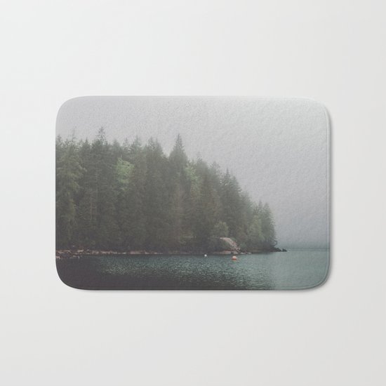 Foggy morning at the lake Bath Mat