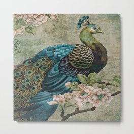 Antique peacock pattern, vintage,retro,art,asian,,antique, chic,fabric painted, reproduced,modern,trending,nature,birds,florals,beautiful Metal Print