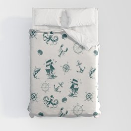 Teal Blue Silhouettes Of Vintage Nautical Pattern Duvet Cover