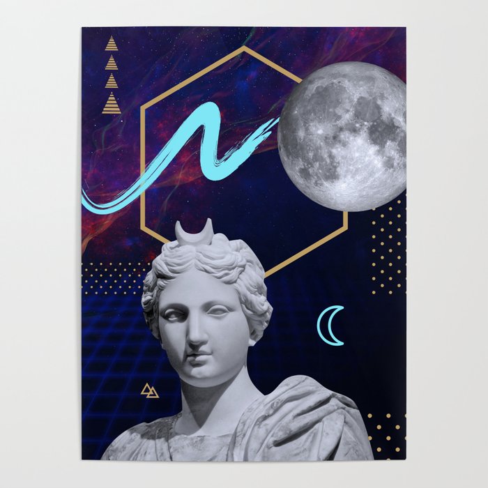 Ancient Gods and Planets: Moon [synthwave/vaporwave/retrowave/cyberpunk] Poster