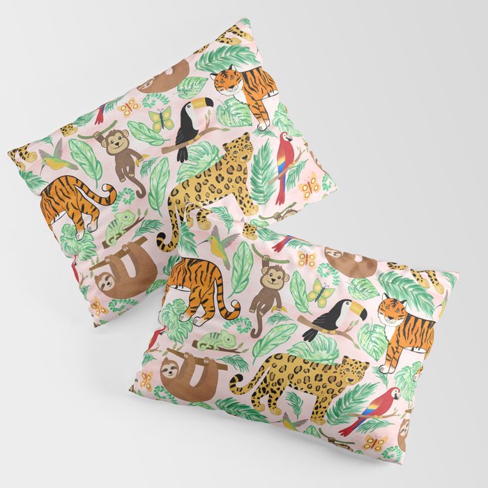 Wild And Wonderful Jungle Friends - Blush Pink Background Pillow Sham