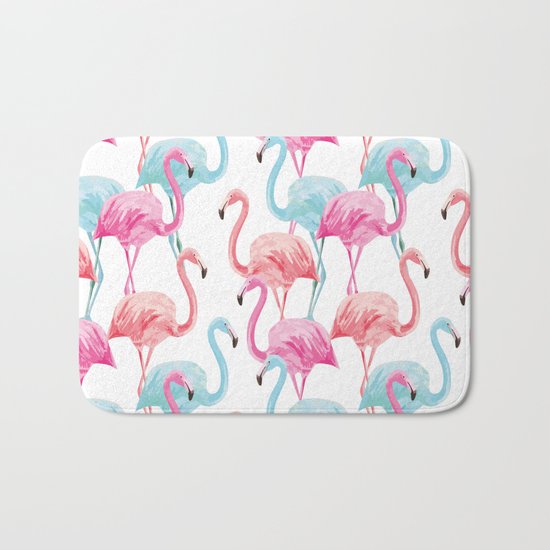flamingo pink and blue watercolor seamless pattern Bath Mat