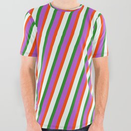 [ Thumbnail: Orchid, Red, Mint Cream, and Forest Green Colored Lines Pattern All Over Graphic Tee ]