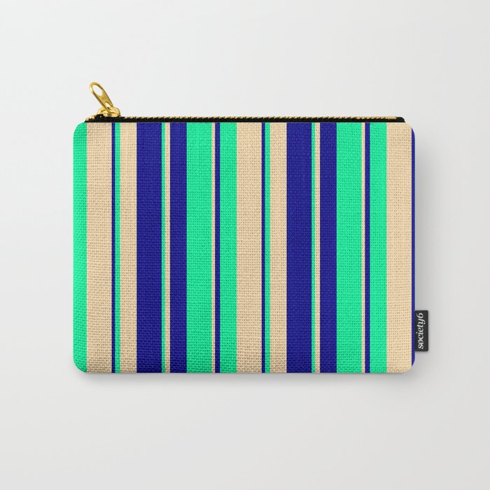 Tan, Dark Blue & Green Colored Stripes/Lines Pattern Carry-All Pouch