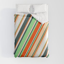 [ Thumbnail: Light Green, Red, Tan, White, and Dark Slate Gray Colored Striped Pattern Duvet Cover ]