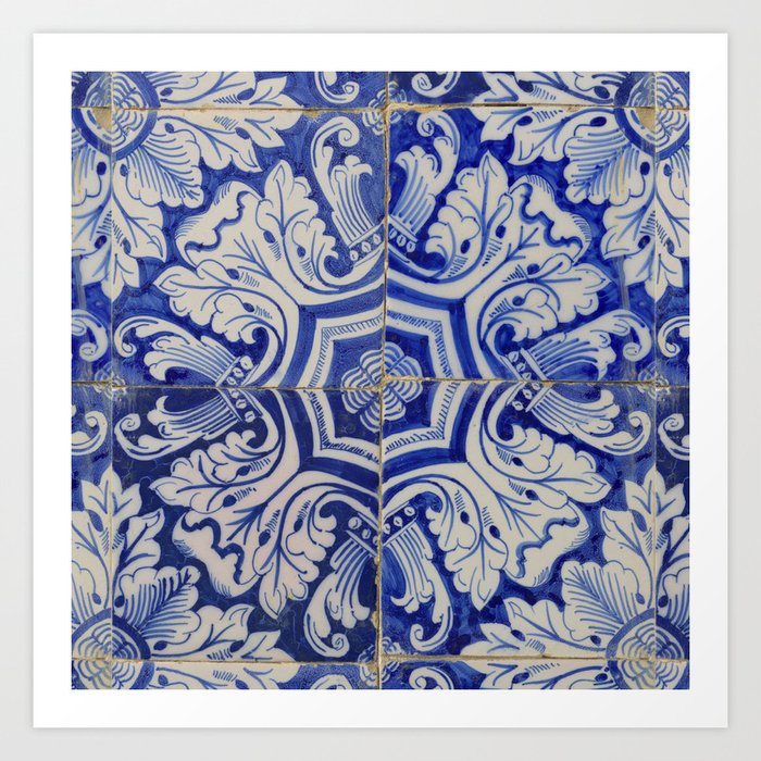 Blue & White Mediterranean Vintage Floral Pattern Art Print