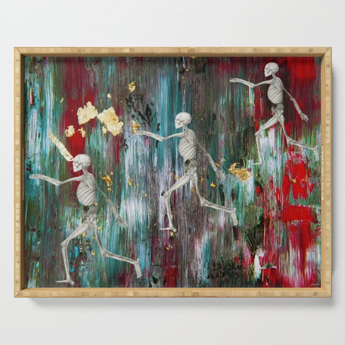 Everybody's free to wear sunscreen; skeletons of friends abstract surreal painting Serving Tray