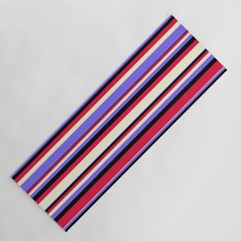 [ Thumbnail: Beige, Medium Slate Blue, Black, and Crimson Colored Pattern of Stripes Yoga Mat ]