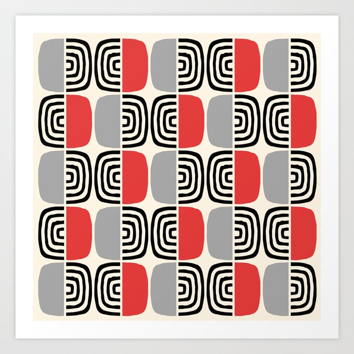 Mid Century Modern Atomic Age Pattern 741 Black Red and Gray Art Print