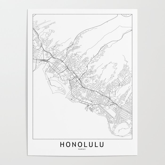 Honolulu White Map Poster