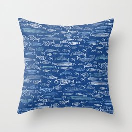 Fishes pattern, classic, sea, ocean, underwater, water, pattern, fishes, fish, whales, nautical, blue-white, painting, digital, stripes, summer, beach, sharks, navy  Throw Pillow