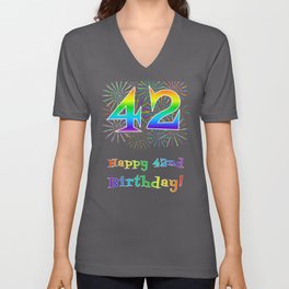 [ Thumbnail: 42nd Birthday - Fun Rainbow Spectrum Gradient Pattern Text, Bursting Fireworks Inspired Background V Neck T Shirt V-Neck T-Shirt ]