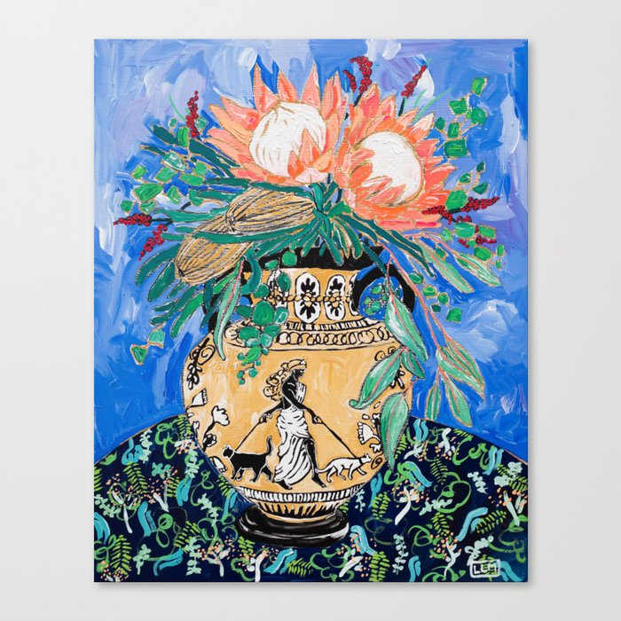 Cat Walk: Protea and Banksia Bouquet Floral Still Life with Greek Urn featuring Woman Walking Cats Canvas Print
