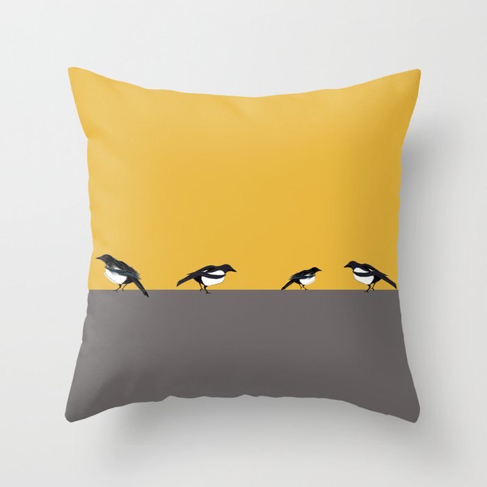Mustard Magpies Throw Pillow
