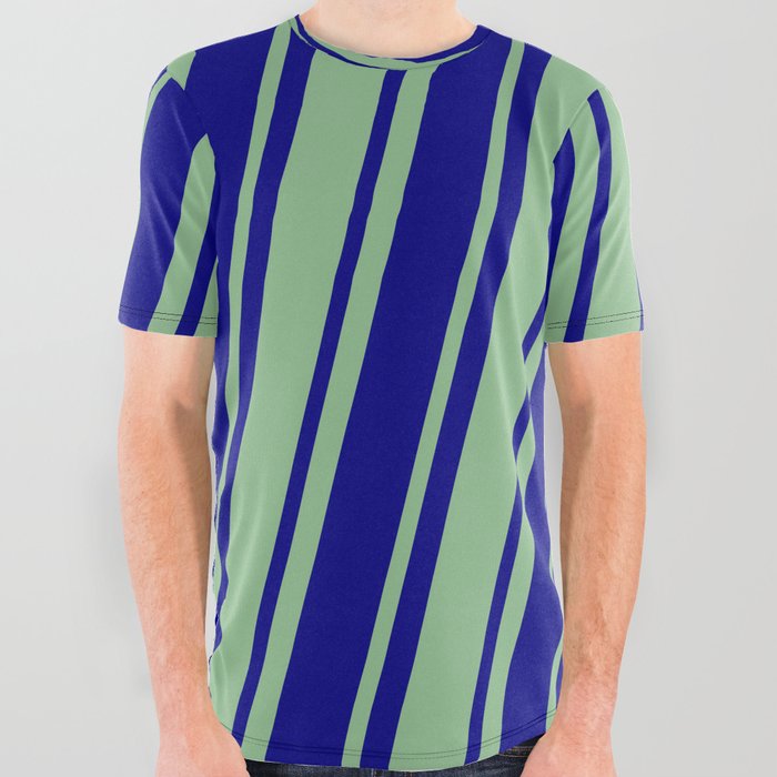 Dark Sea Green & Blue Colored Striped/Lined Pattern All Over Graphic Tee