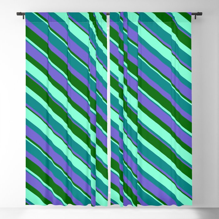 Aquamarine, Teal, Slate Blue, and Dark Green Colored Striped Pattern Blackout Curtain