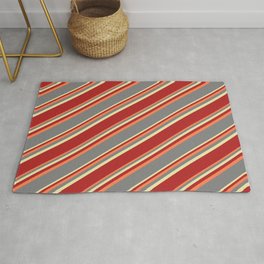 [ Thumbnail: Coral, Grey, Pale Goldenrod, and Red Colored Striped Pattern Rug ]