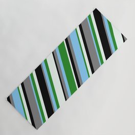 [ Thumbnail: Gray, Light Sky Blue, Forest Green, Mint Cream & Black Colored Striped Pattern Yoga Mat ]