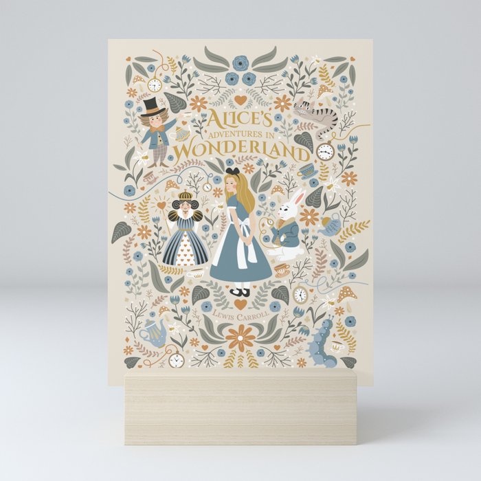 Alice in Wonderland - Beige Mini Art Print | Graphic-design, Alice, Alice-in-wonderland, Fairytail, Illustration, Digital, Tea, Pattern, Queen-of-heart, Heart