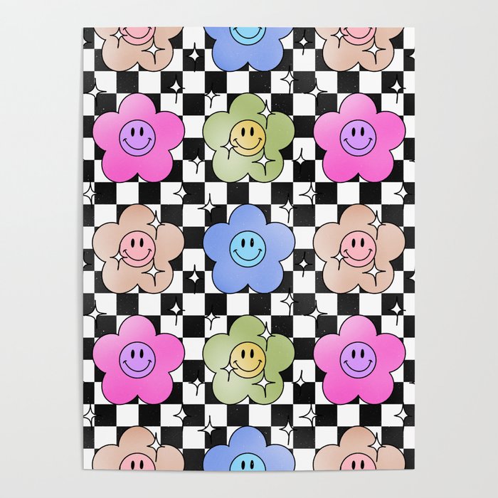 Cute Y2K Flower Smileys Pattern (Black and White BG Version) Poster