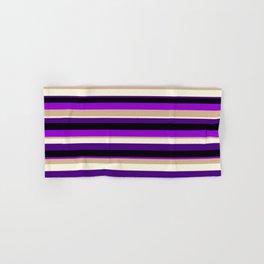 [ Thumbnail: Colorful Black, Dark Violet, Tan, Beige, and Indigo Colored Lined/Striped Pattern Hand & Bath Towel ]