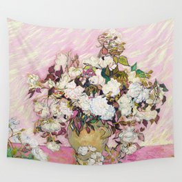 Vincent Van Gogh Pink Roses in a Vase (High Res & Color Restored) Wall Tapestry