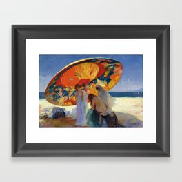 Reflected Shadows; Red-Gold Umbrella with Women Changing at Beach Day End painting by Lluís Masriera Framed Art Print