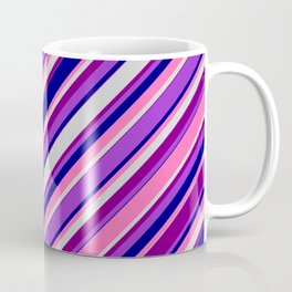[ Thumbnail: Eye-catching Purple, Dark Orchid, Blue, Hot Pink & Light Grey Colored Lined Pattern Coffee Mug ]