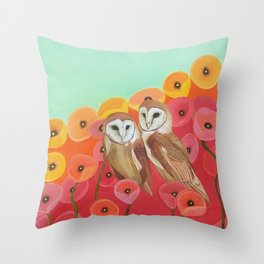 Owls in a Poppy Field Throw Pillow