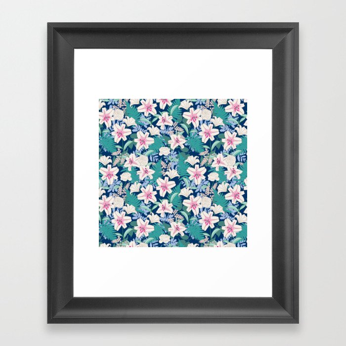 Tropical Lilies and Ferns (Pink and Turquoise) Framed Art Print