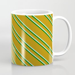 [ Thumbnail: Dark Goldenrod, Turquoise & Dark Green Colored Lines/Stripes Pattern Coffee Mug ]