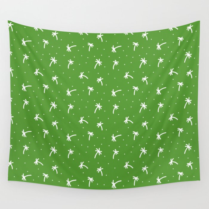 Green And White Doodle Palm Tree Pattern Wall Tapestry
