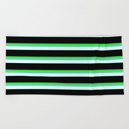 [ Thumbnail: Lime, Aquamarine, Light Cyan, and Black Colored Striped Pattern Beach Towel ]