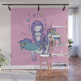 Mermaid Riding Unicorn Pink Wall Mural