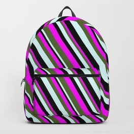 [ Thumbnail: Fuchsia, Dark Olive Green, Light Cyan & Black Colored Lined Pattern Backpack ]