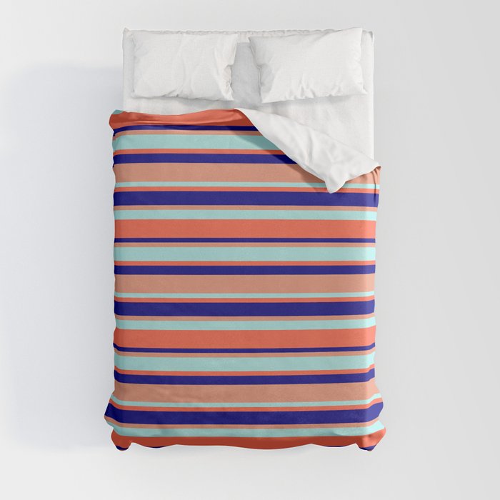 Blue, Dark Salmon, Turquoise, and Red Colored Striped/Lined Pattern Duvet Cover