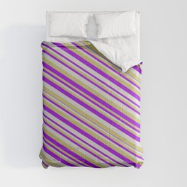 [ Thumbnail: Light Grey, Dark Khaki, and Dark Violet Colored Striped/Lined Pattern Comforter ]