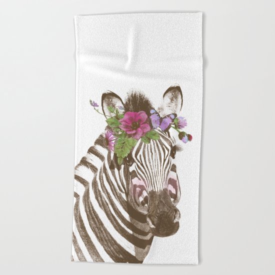 Zebra with flowers Beach Towel