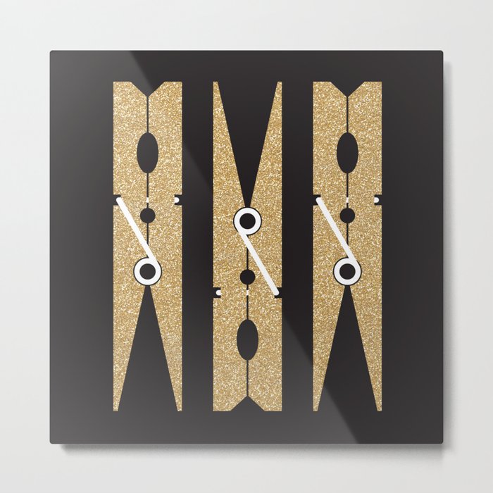Laundry Clothespins - Gold Glitter, Black and White Metal Print