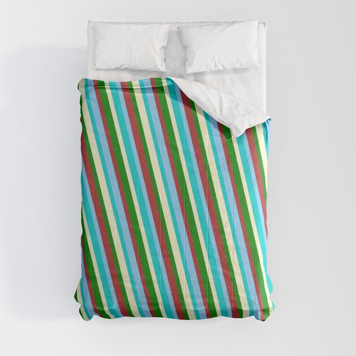 Colorful Brown, Light Sky Blue, Dark Turquoise, Light Yellow & Green Colored Lined/Striped Pattern Comforter