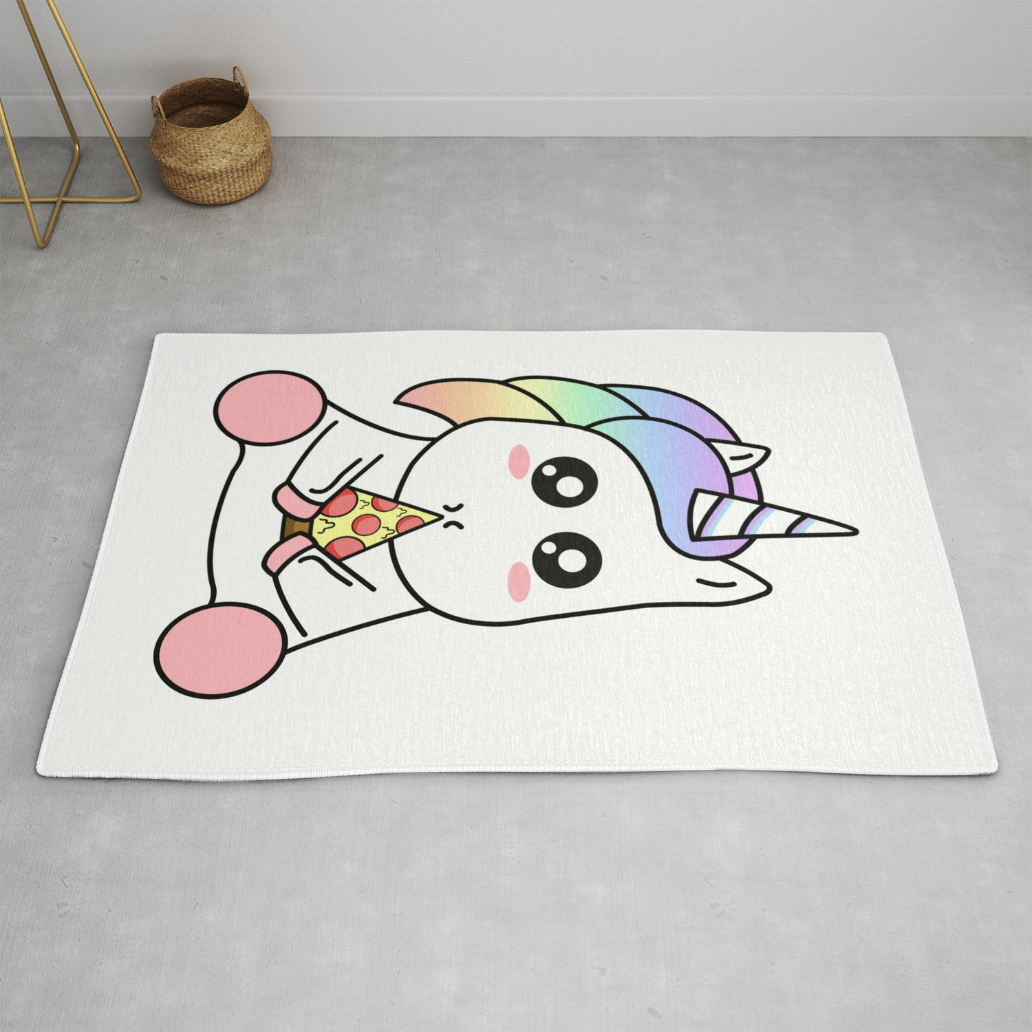 Cute Funny Kawaii Unicorn Eating Pizza Slice Magical Rainbow Rug
