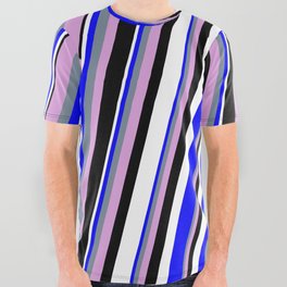 [ Thumbnail: Blue, Light Slate Gray, Plum, Black & White Colored Stripes/Lines Pattern All Over Graphic Tee ]